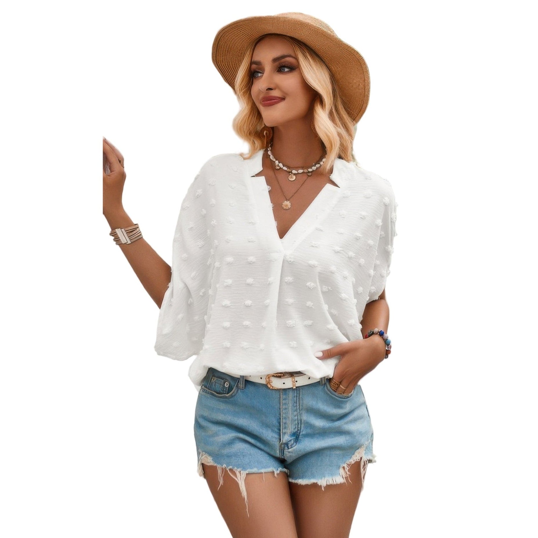 VacationGrabs Swiss dot V neck blouse in white, perfect for summer styling with shorts