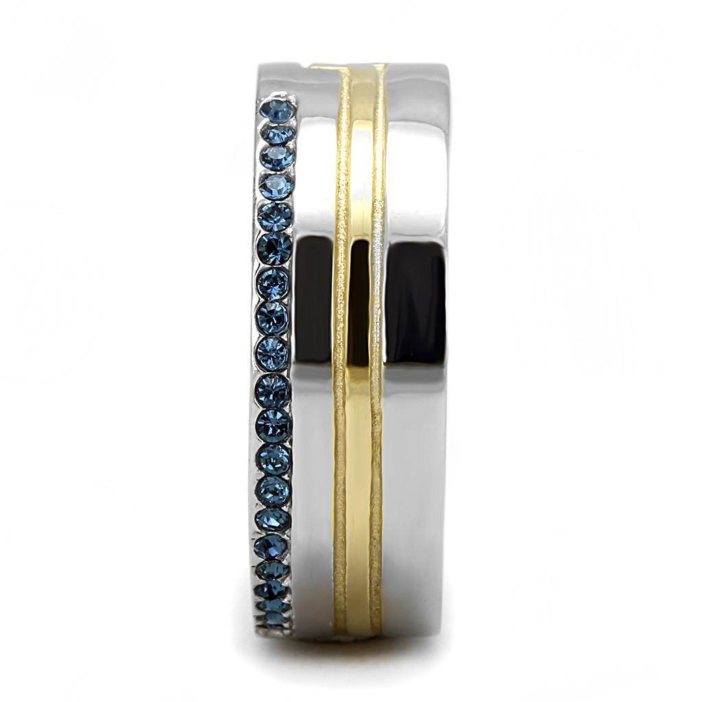 Men's synthetic crystal fashion rings with two-tone design and sparkling blue crystals