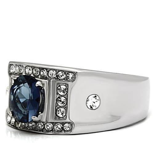 Stylish men's ring featuring a blue gemstone and synthetic glass jewelry accents for a modern look