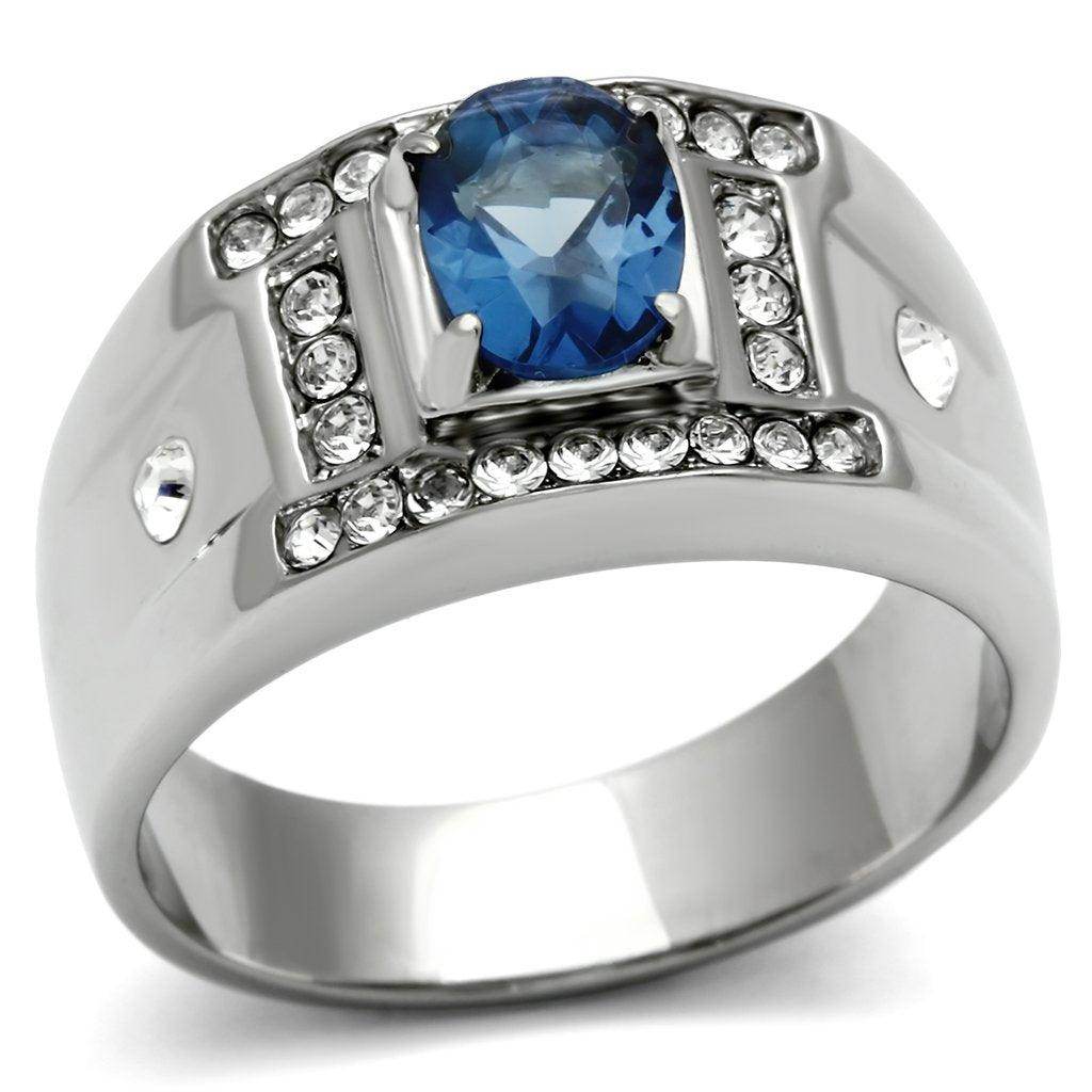 Men's ring featuring a blue synthetic glass jewelry stone and sparkling accents for a modern look