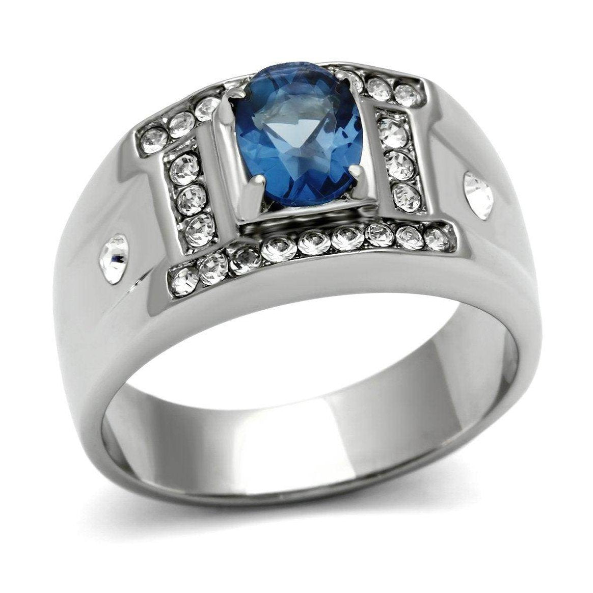 Men's ring featuring a blue synthetic glass jewelry stone and sparkling accents for a modern look