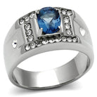 Men's ring featuring a blue synthetic glass jewelry stone and sparkling accents for a modern look
