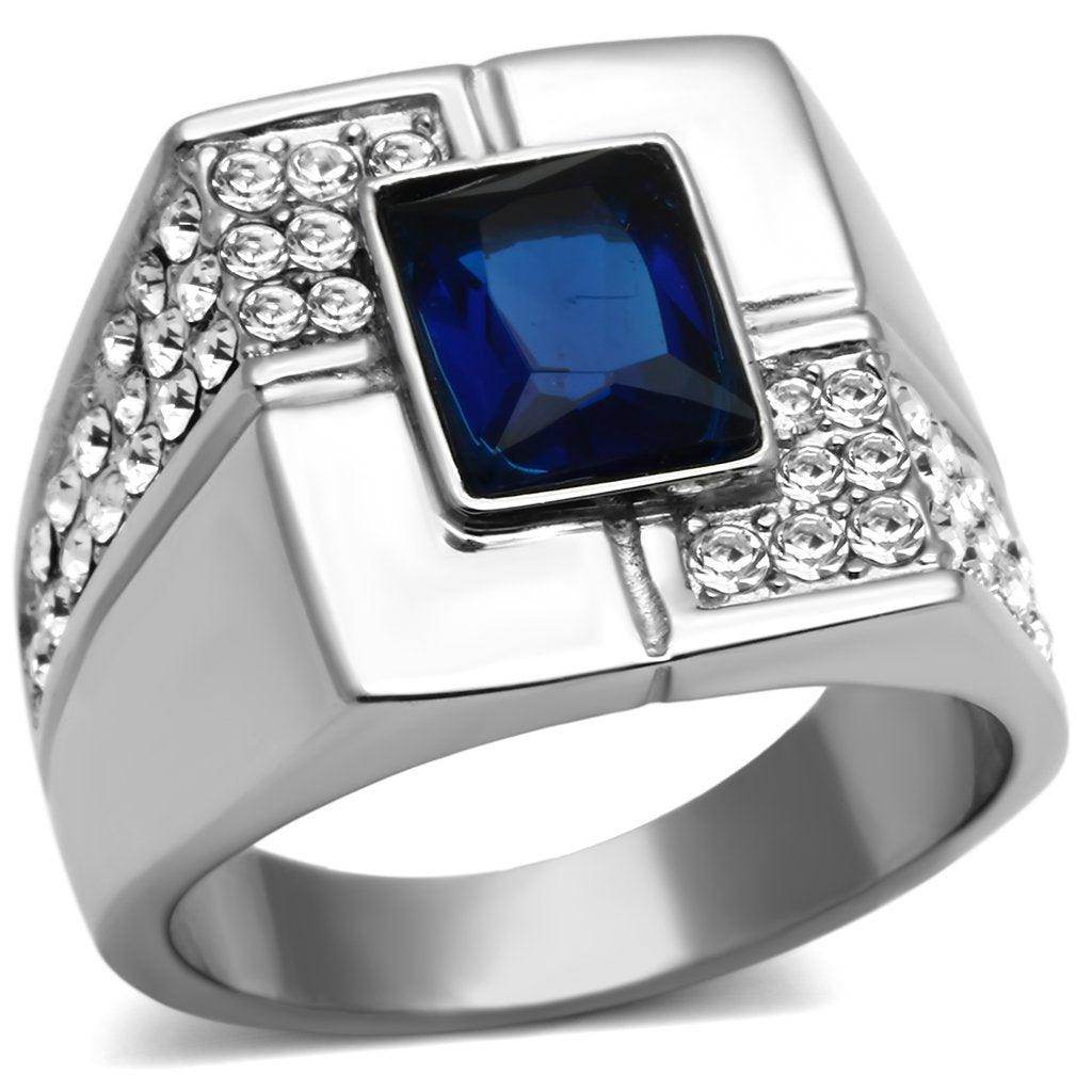 Men's ring featuring a large blue synthetic glass jewelry for men centerpiece with sparkling accents