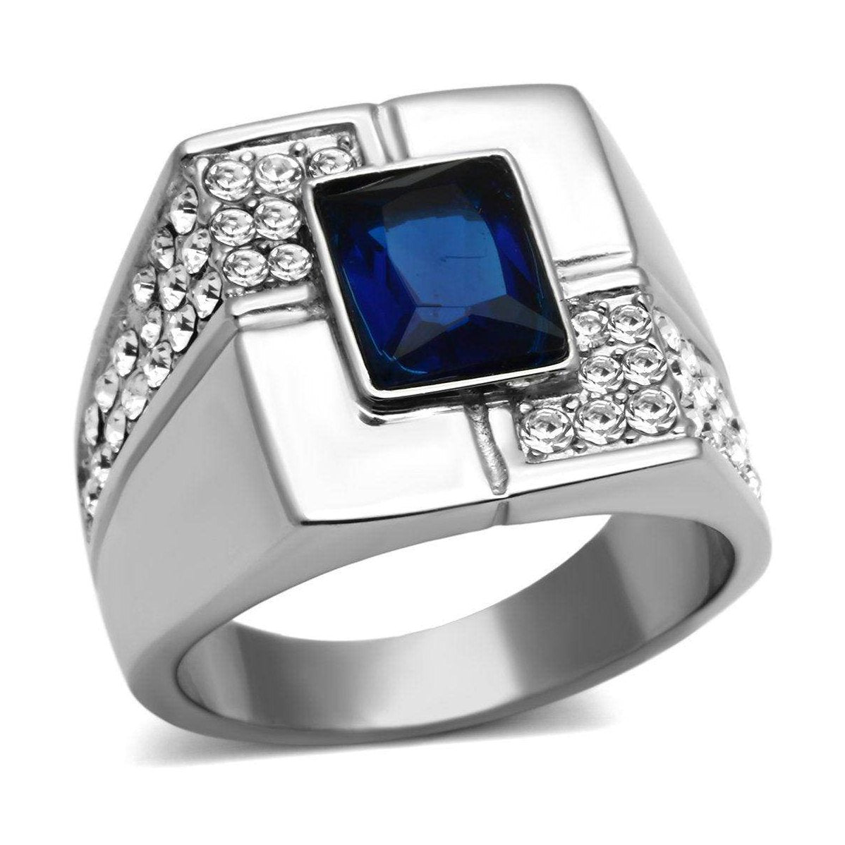 Men's ring featuring a large blue synthetic glass jewelry for men centerpiece with sparkling accents