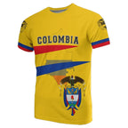 Yellow t-shirt printed with Colombia flag and emblem for casual wear