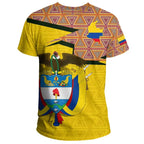 Yellow t-shirt printed with Colombian flag and coat of arms design