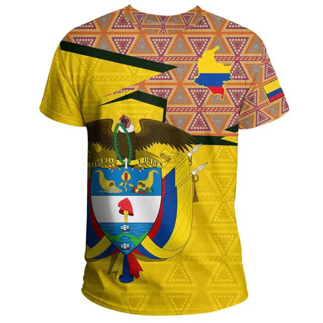 Yellow t-shirt printed with Colombian flag and coat of arms design