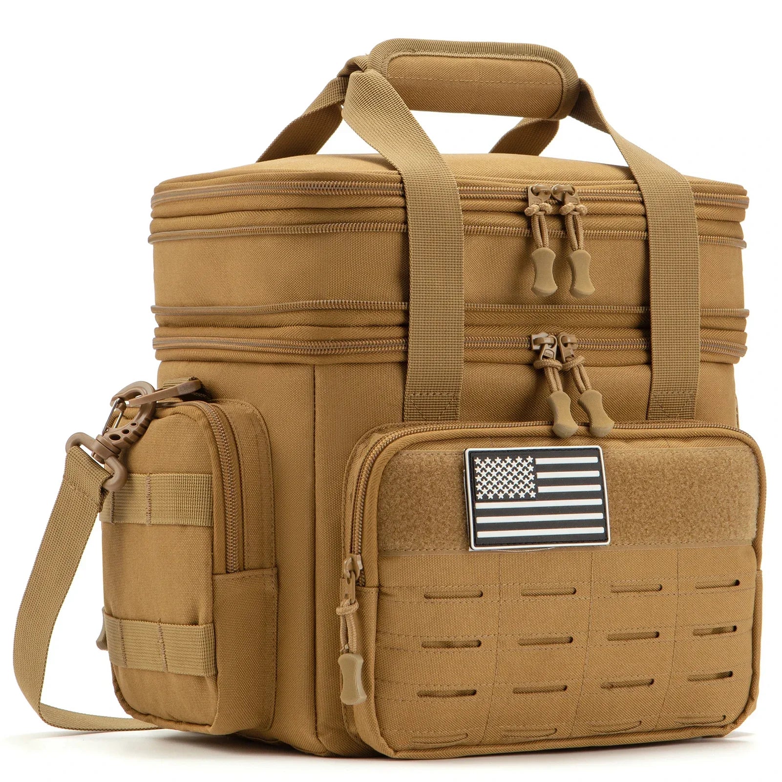 Tactical insulated cooler bag in tan, ideal for outdoor adventures