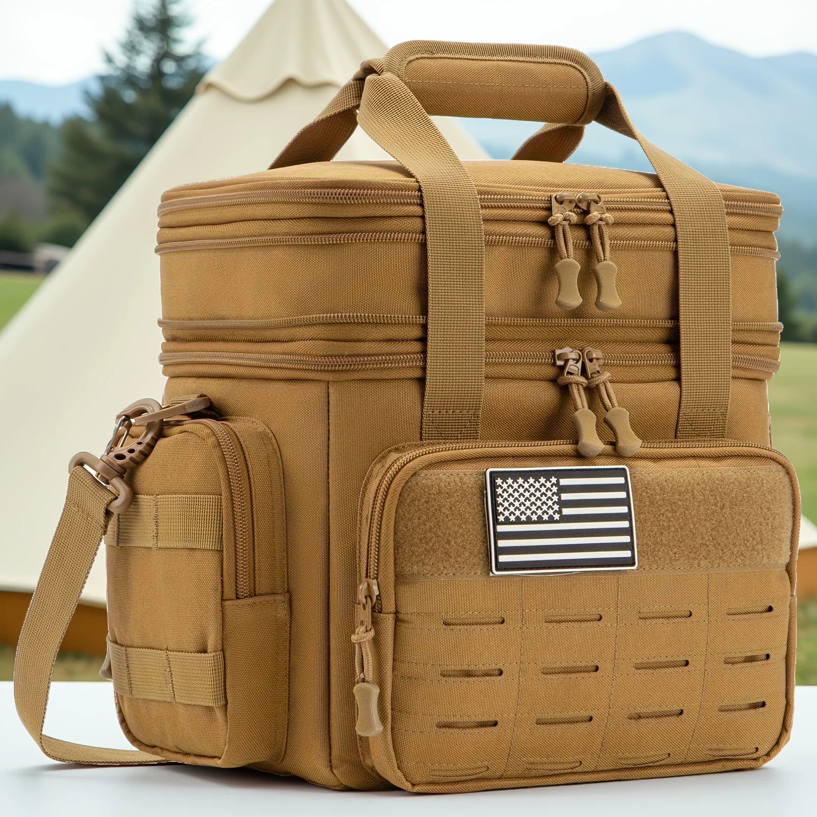 Tactical insulated cooler bag in tan, ideal for outdoor adventures