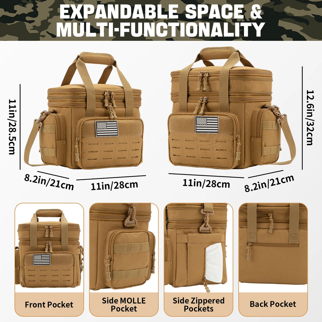 Tactical insulated cooler bag in tan, durable for outdoor adventures