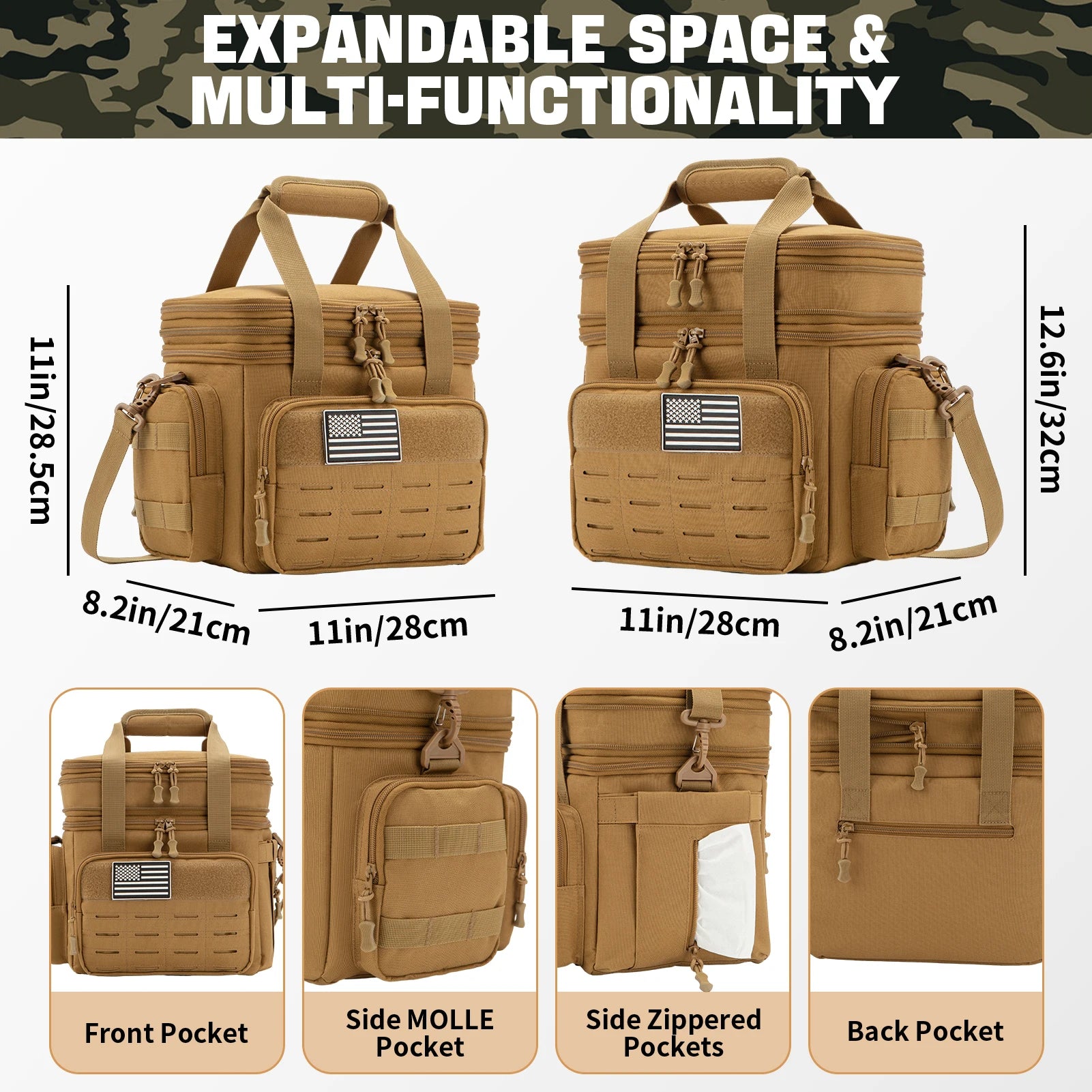 Tactical insulated cooler bag in tan, durable for outdoor adventures