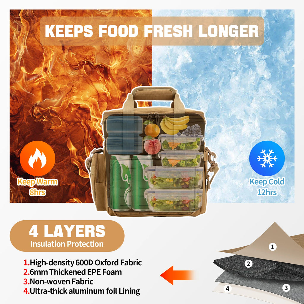 Tactical insulated cooler bag, beige, 4-layer design for food freshness