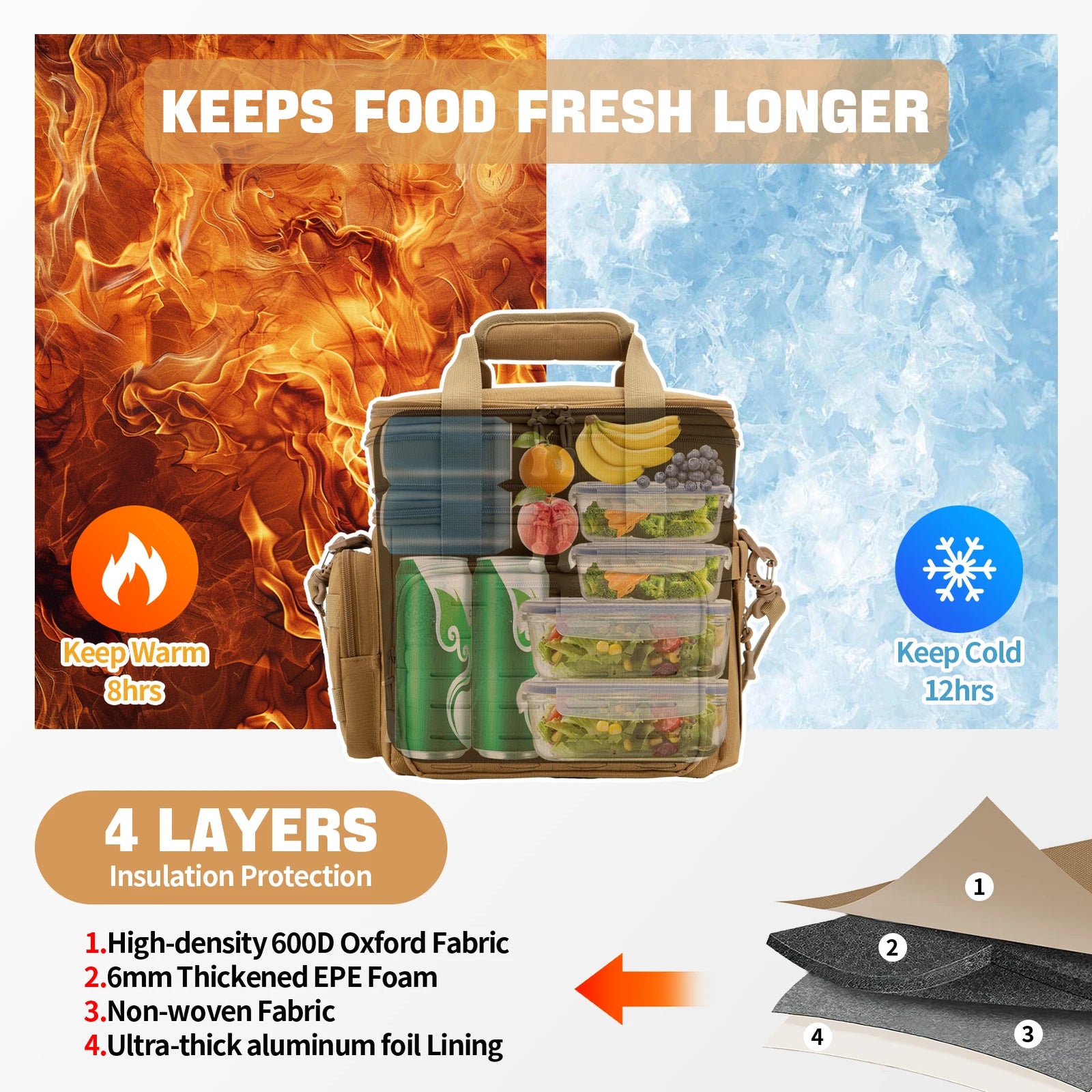 Tactical insulated cooler bag, beige, 4-layer design for food freshness