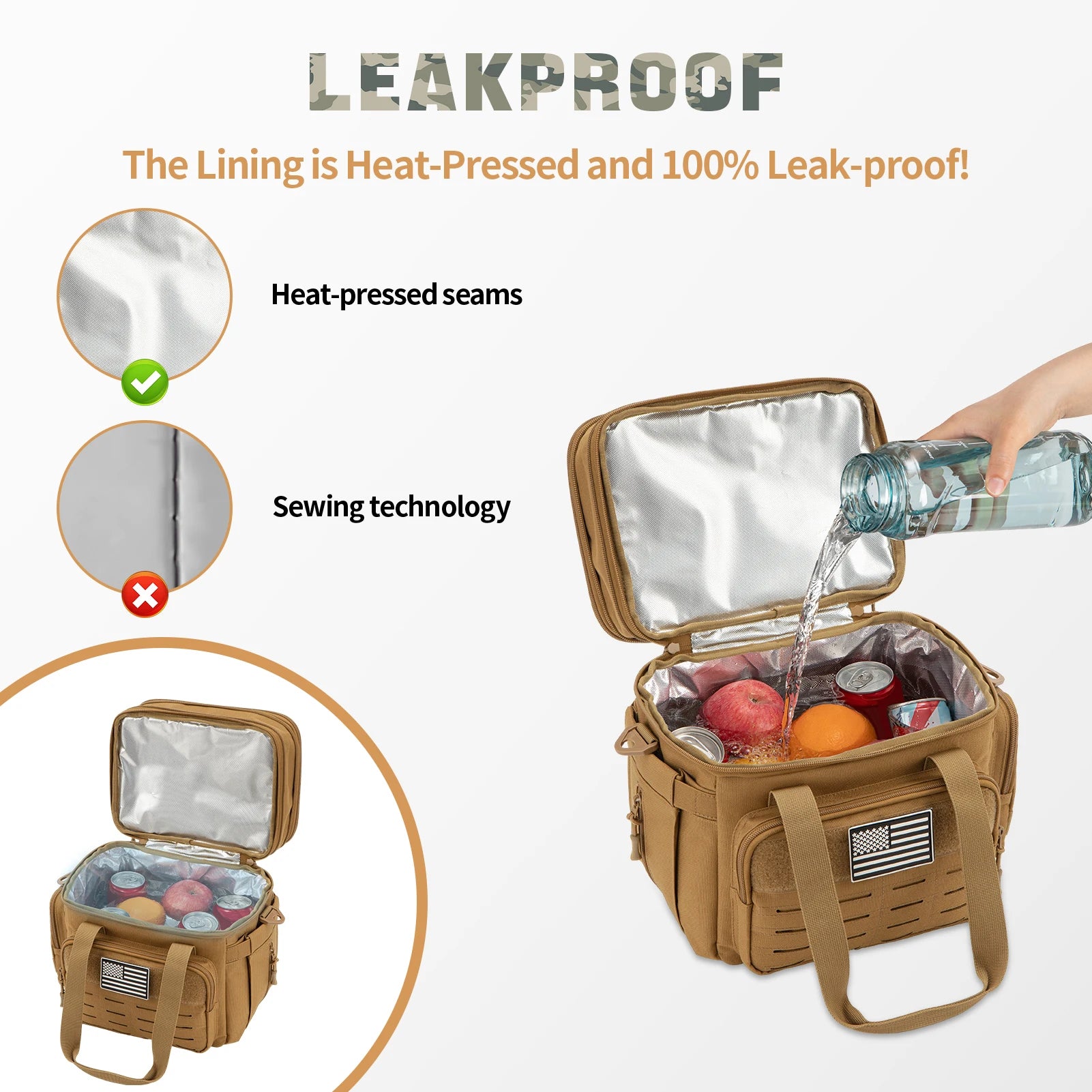 Tan tactical insulated cooler bag for outdoor adventures, leakproof lining