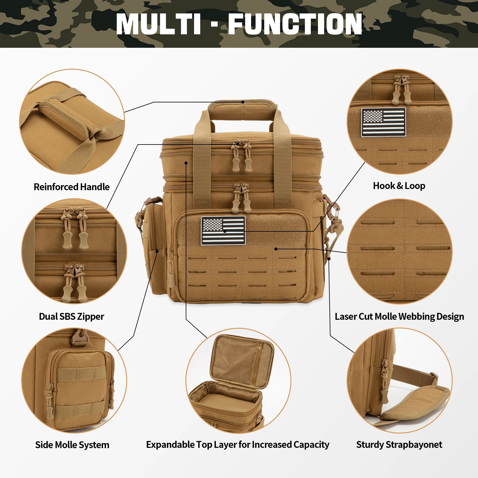 Tan tactical insulated cooler bag, durable design for outdoor adventures