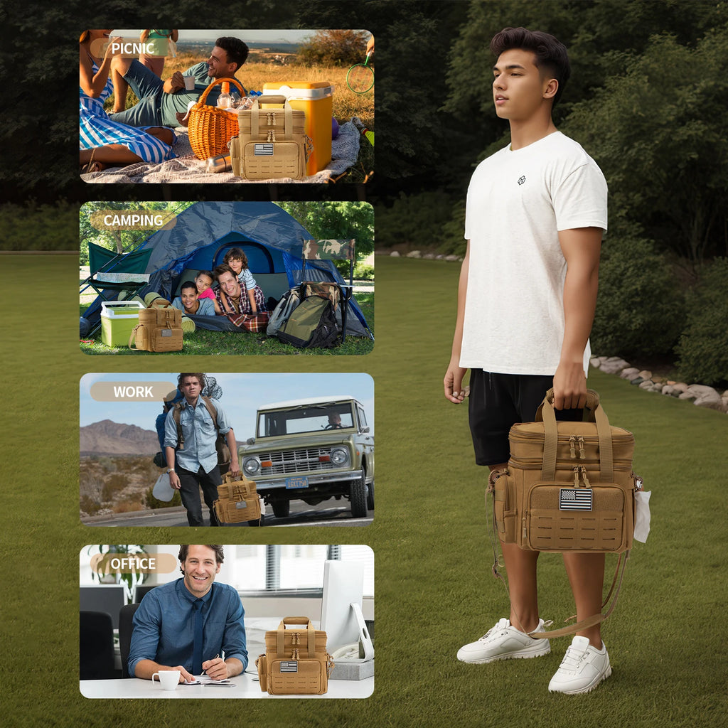 Tactical insulated cooler bag, tan color, perfect for camping and picnics