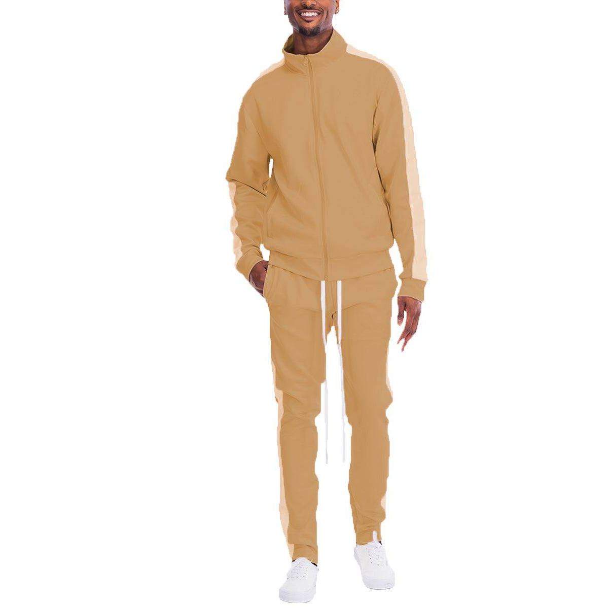 VacationsGrabs tan athletic set for men with a stylish zip-up jacket and comfortable pants