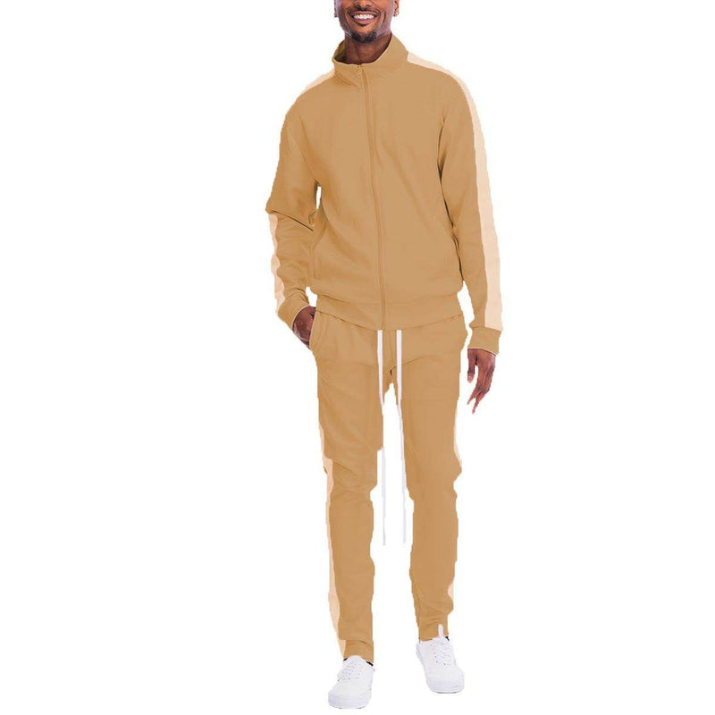 VacationsGrabs tan athletic set for men with a stylish zip-up jacket and comfortable pants
