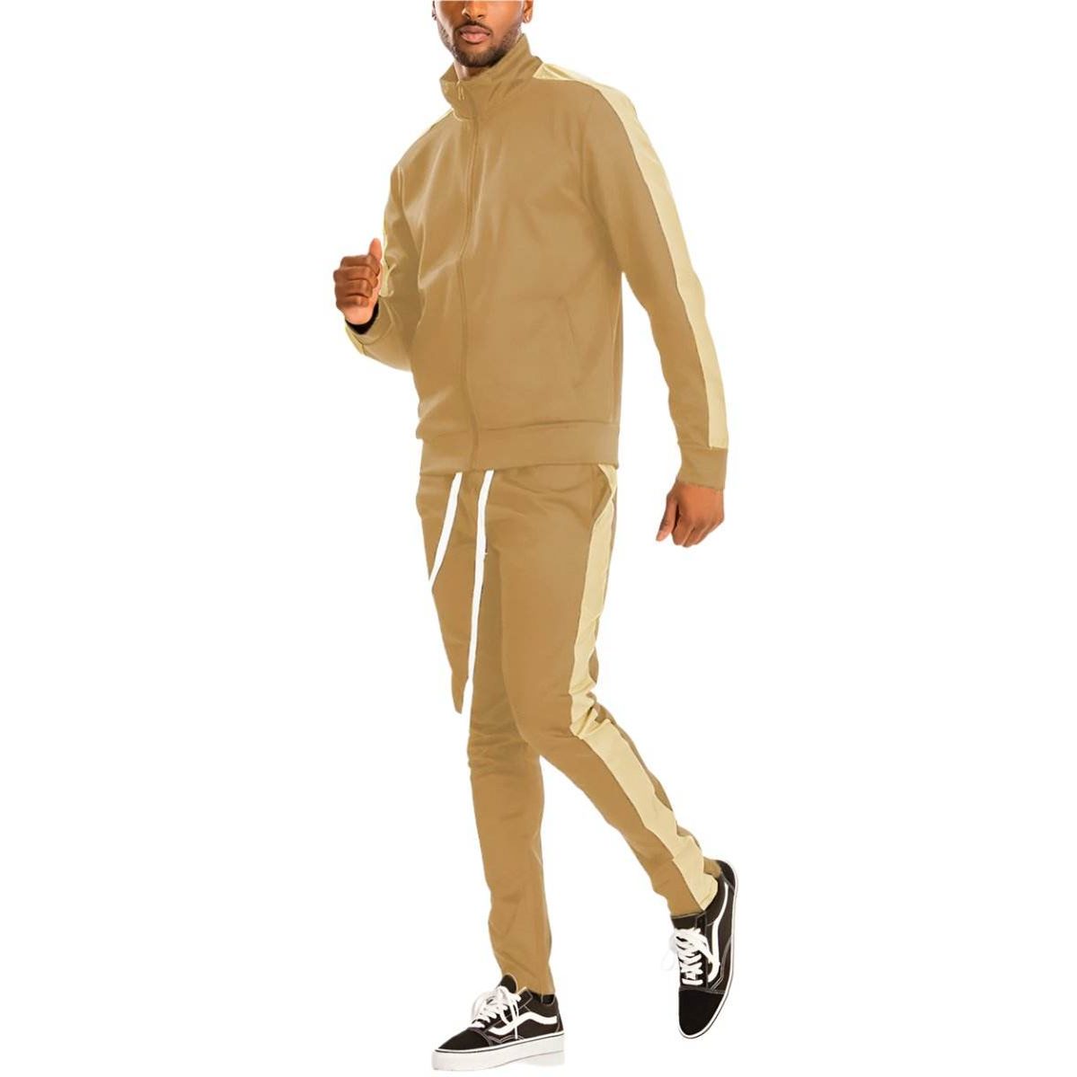 Tan athletic set for men featuring a zip-up jacket and matching joggers for comfortable activewear