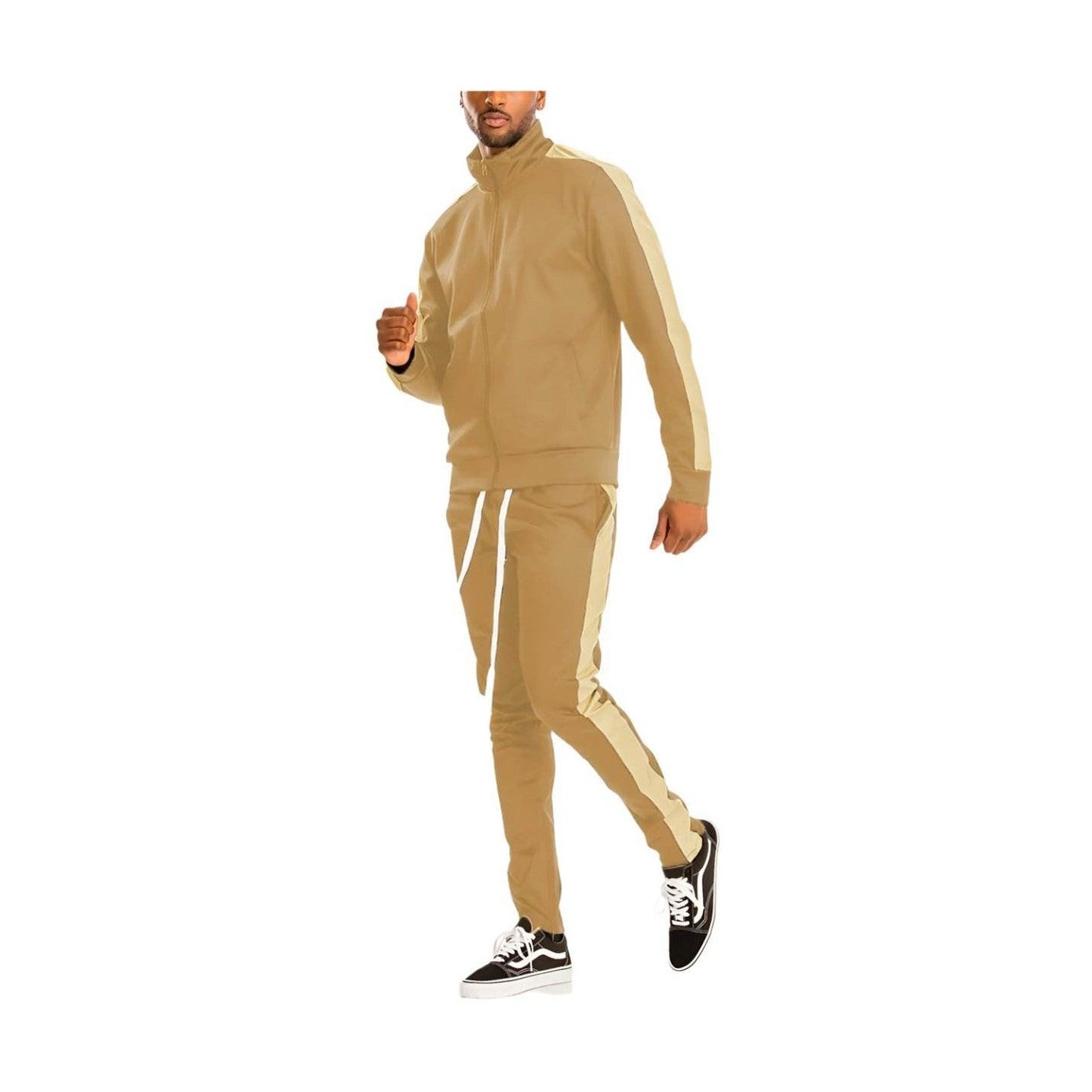 Tan athletic set for men featuring a zip-up jacket and matching joggers for comfortable activewear