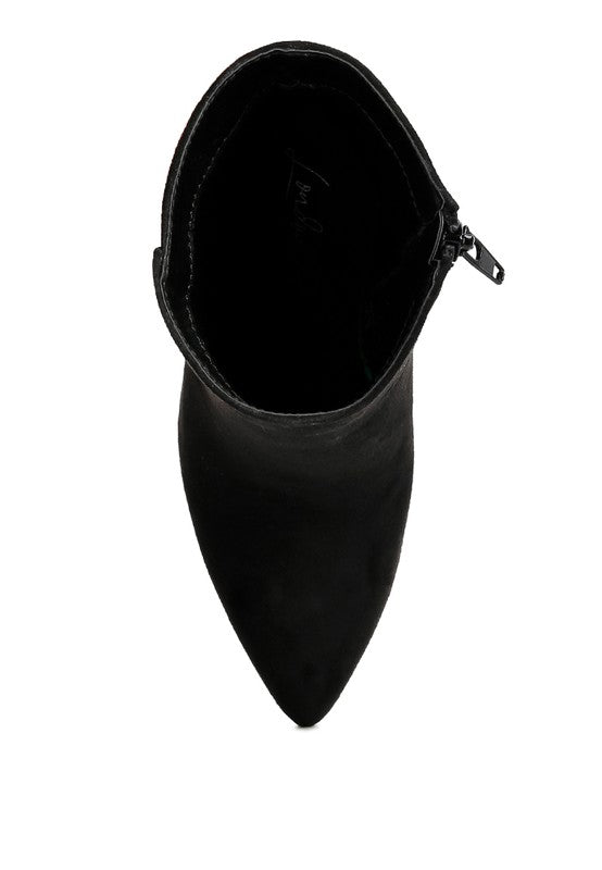 Top view of Rag Company tan suede ankle boots with a sleek pointed toe design