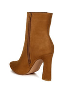 Tan suede ankle boots with a stylish zipper and a high heel for a chic look