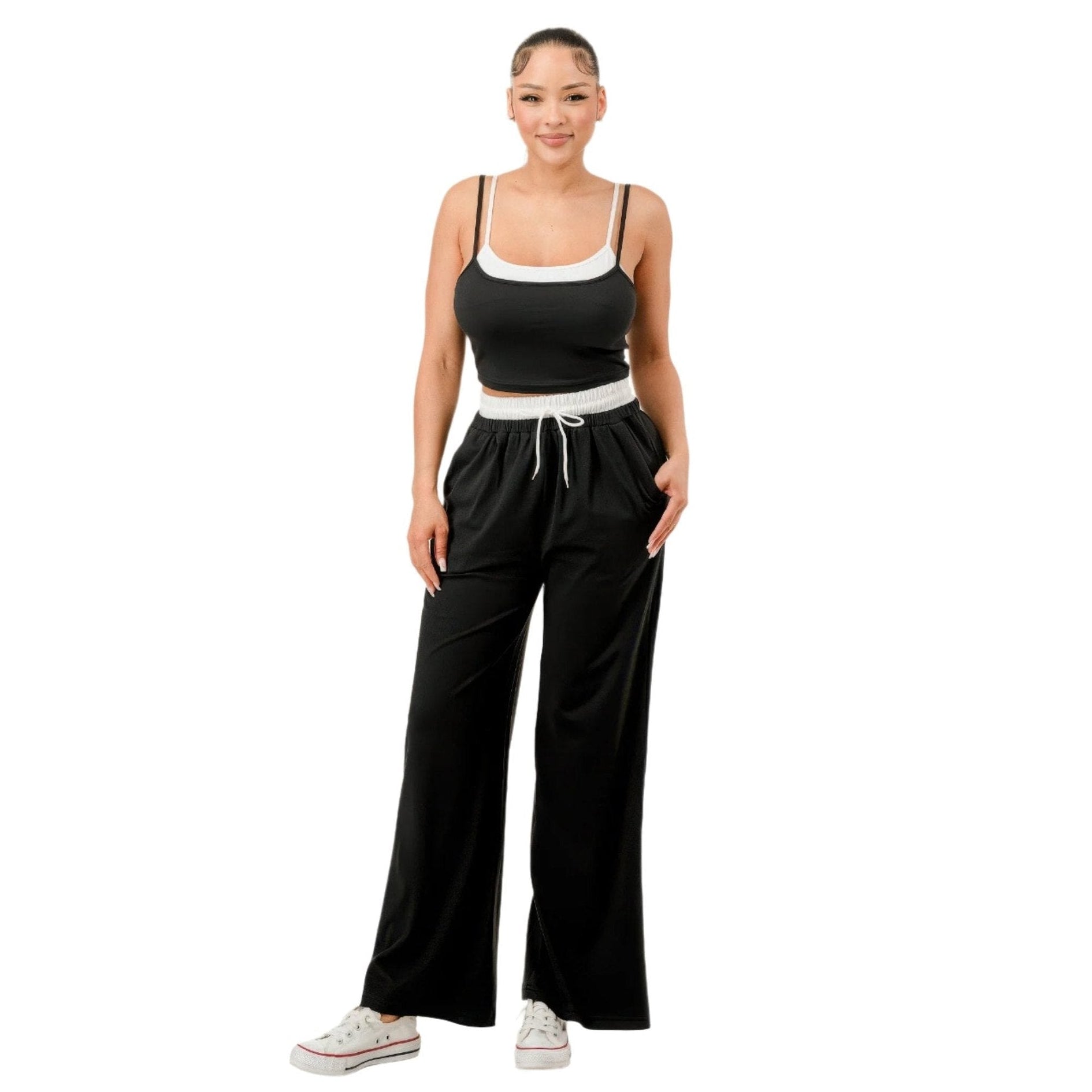 Black and white tank top and sweatpant set for women with drawstring waist and comfortable fit