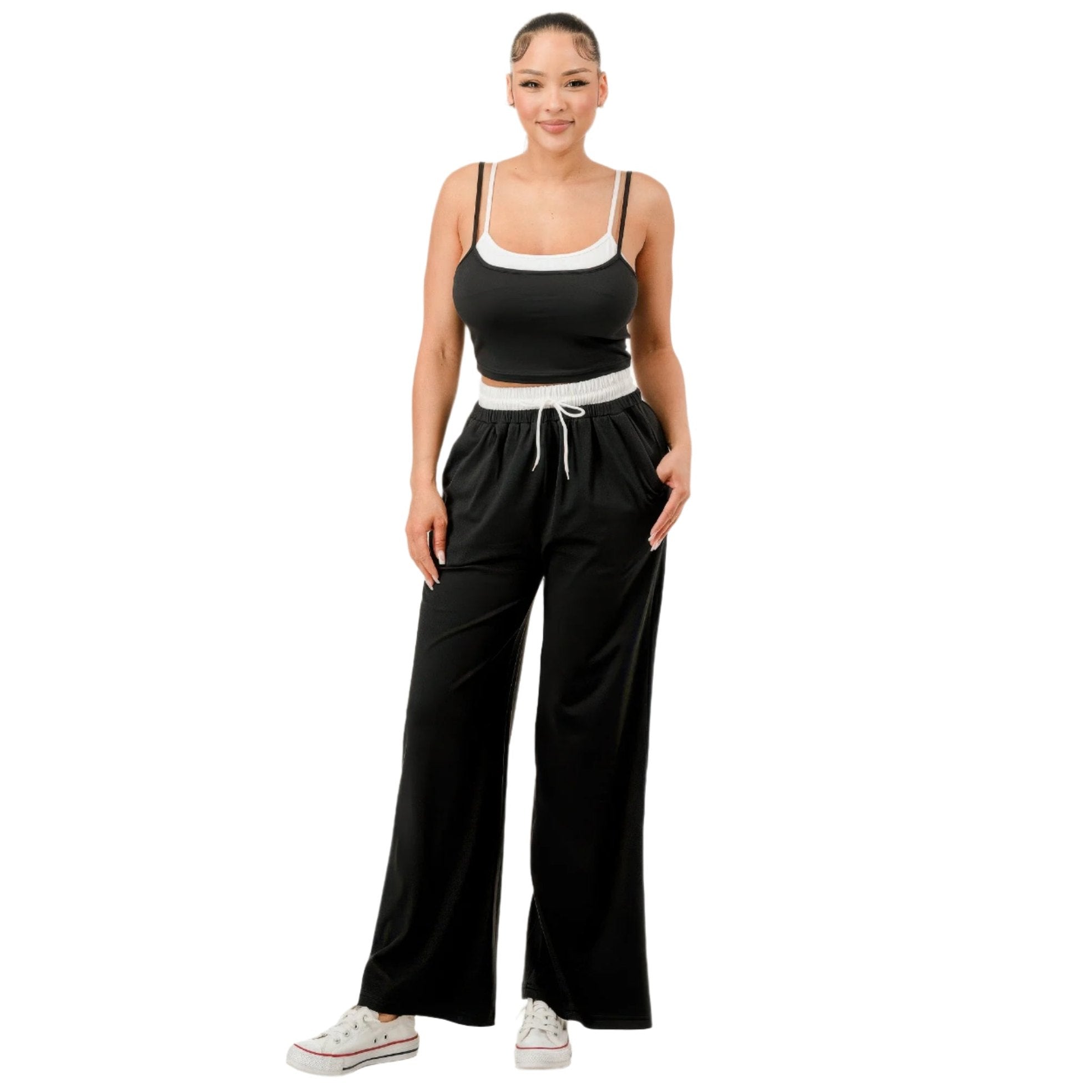 Black and white tank top and sweatpant set for women with drawstring waist and comfortable fit