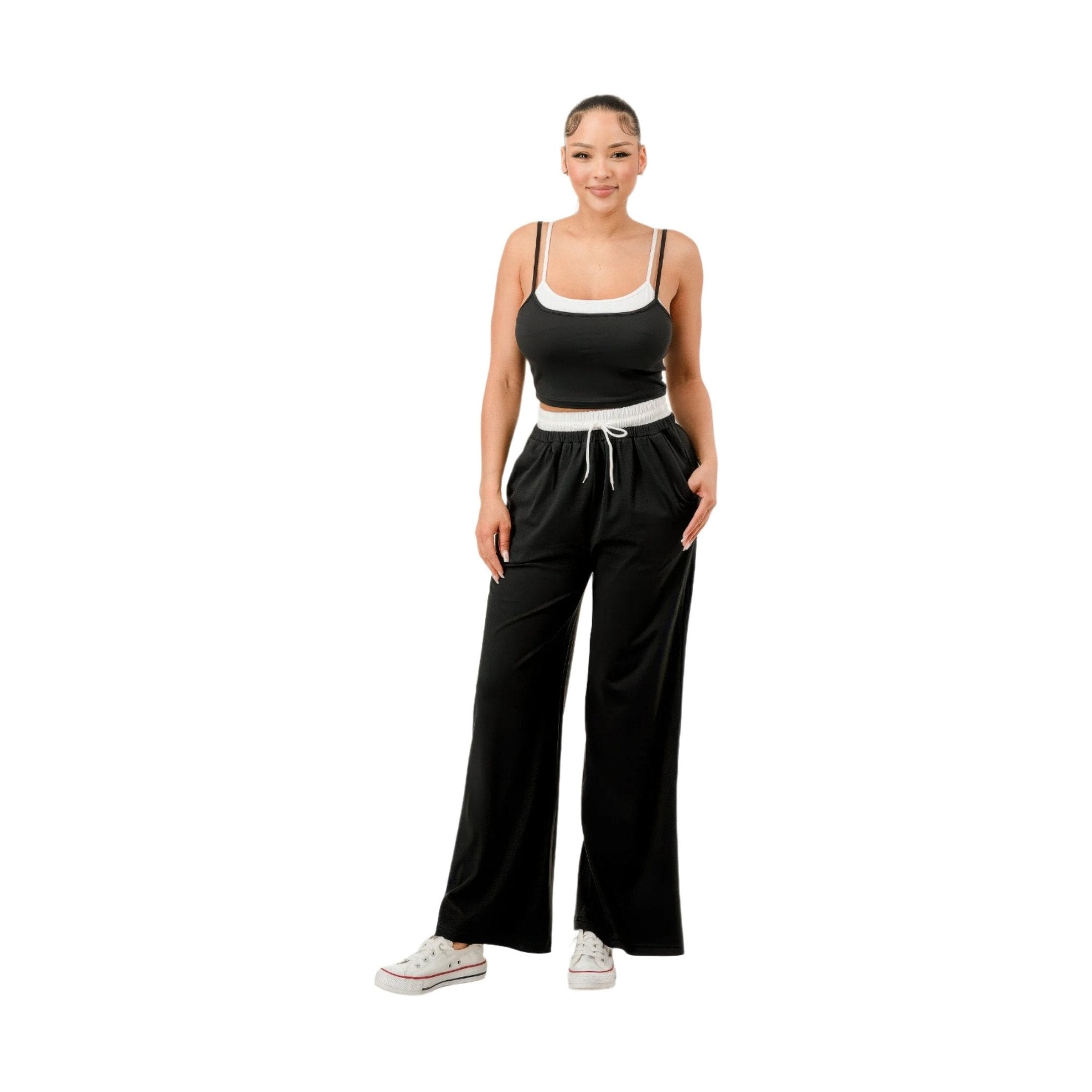 Black and white tank top and sweatpant set for women with drawstring waist and comfortable fit