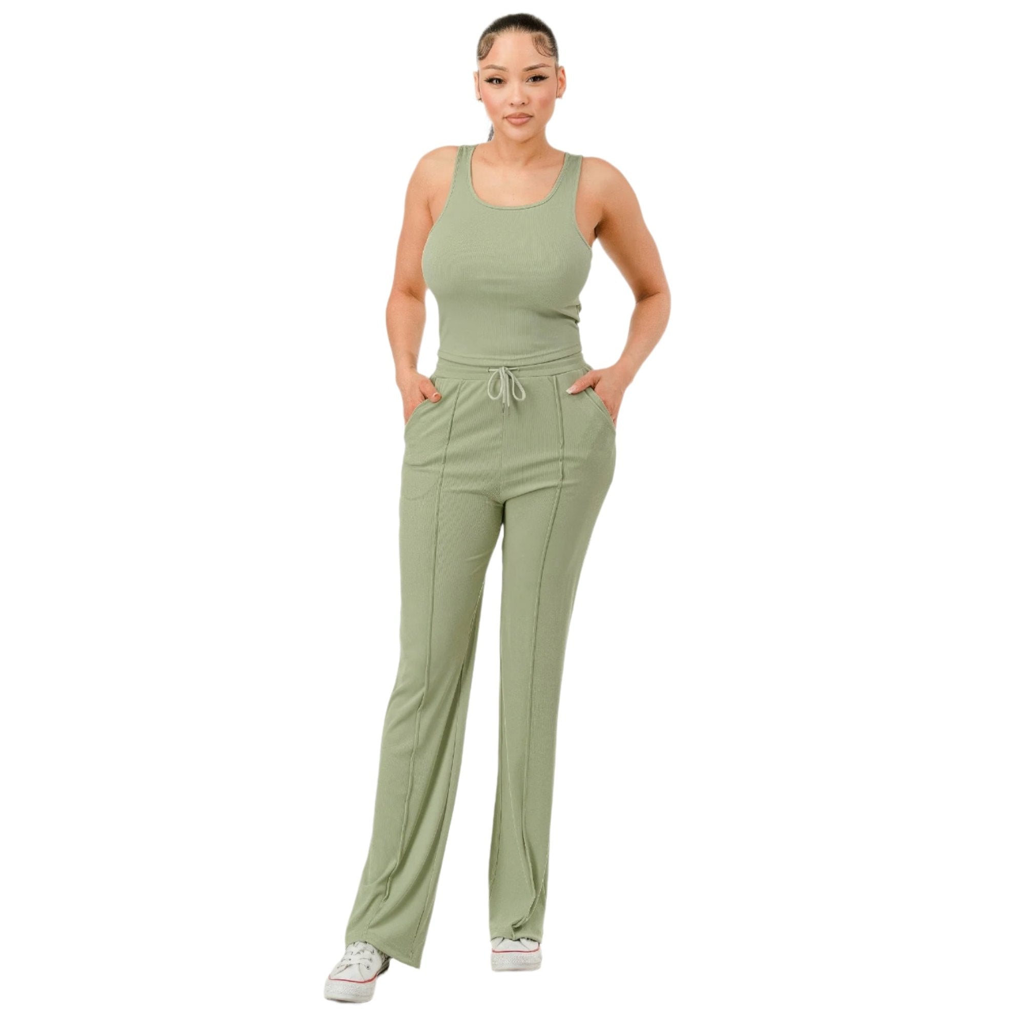 VacationGrabs women's tank top pant set with pockets in light green comfortable casual outfit