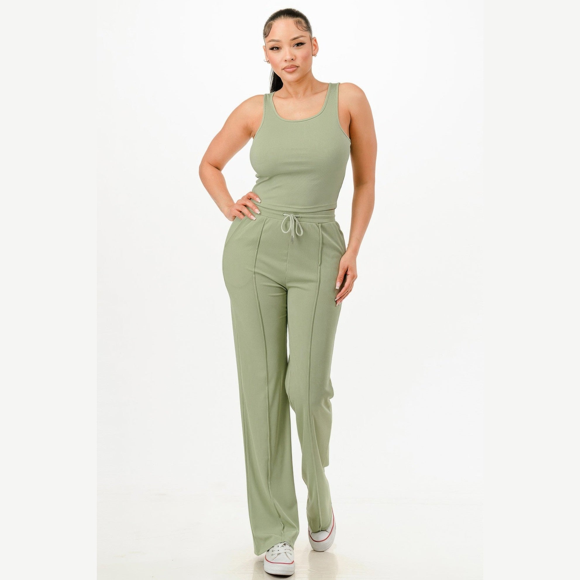 Women's tank top pant set with pockets in olive green, comfortable casual outfit by VacationGrabs