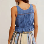 Women's blue tank top with lace, perfect for casual summer outings