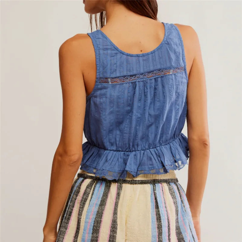 Women's blue tank top with lace, perfect for casual summer outings