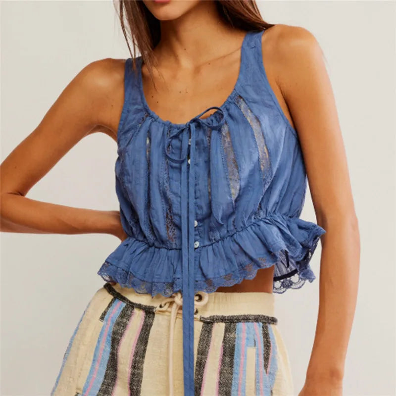 Women's blue tank top with lace, perfect for summer outings