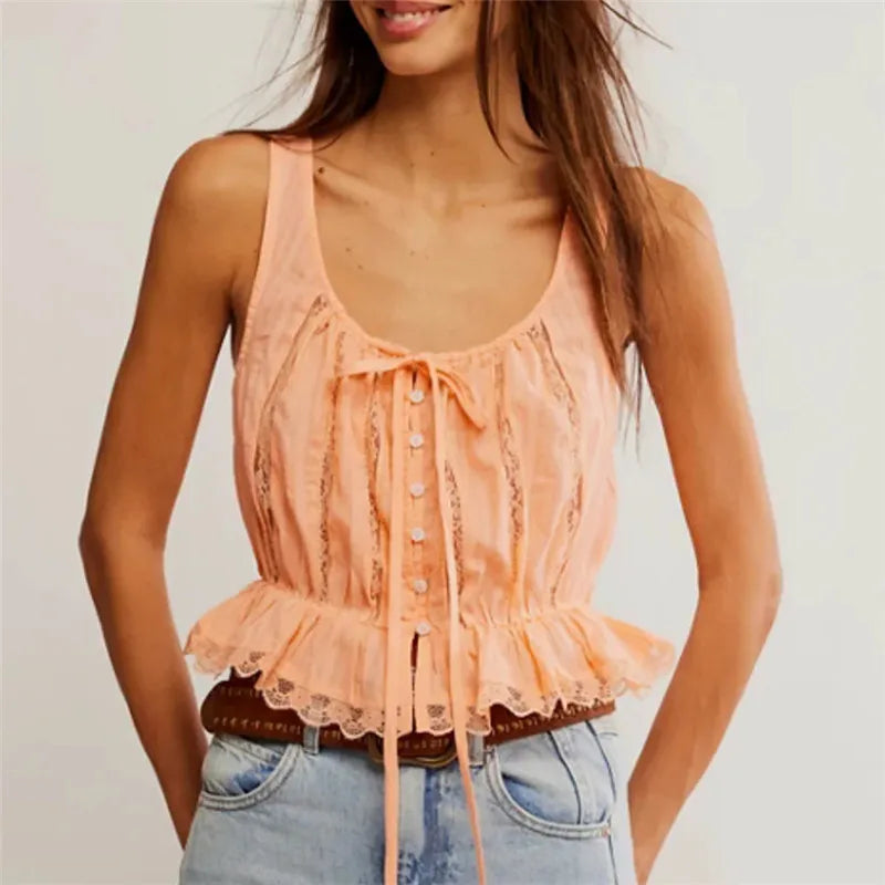 Women's peach lace tank top with adjustable tie for summer outings