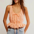 Women's peach lace tank top with adjustable tie for summer outings