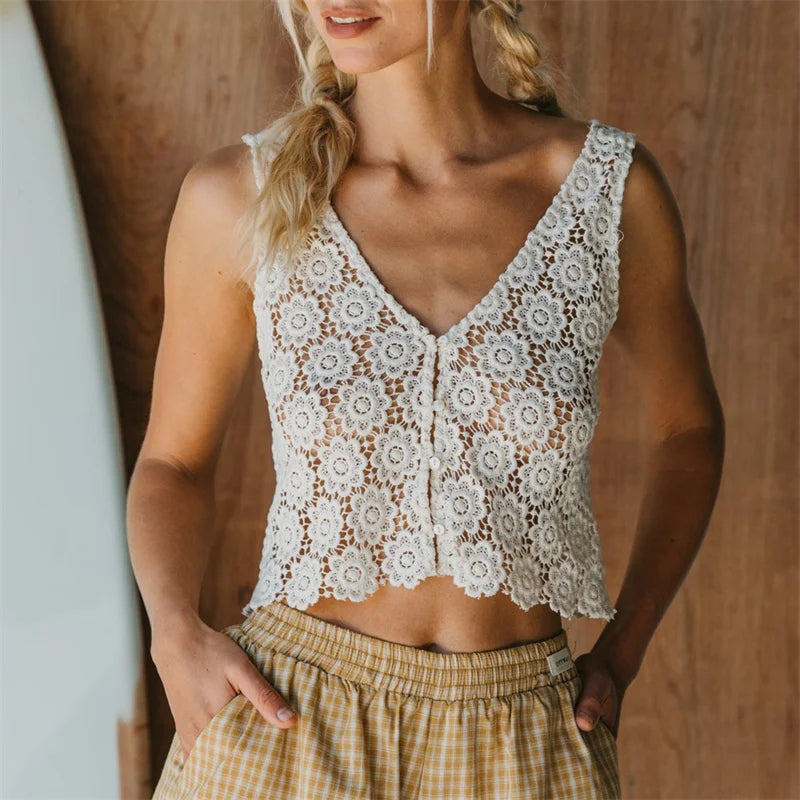 Vacay cotton tank top with lace, perfect for summer outings