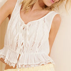 Women's white tank top with lace detail, perfect for summer outings