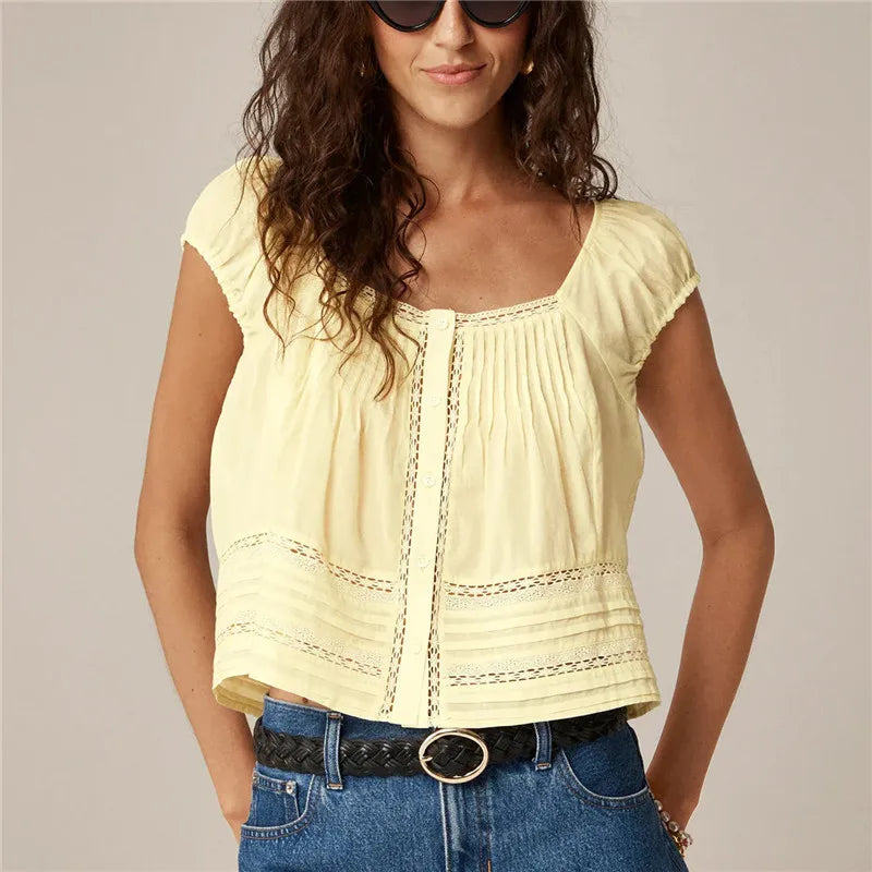 Women's yellow tank top with lace, perfect for casual summer outings