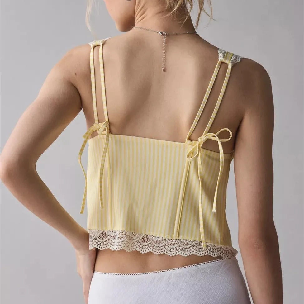 Yellow striped tank top women tops with lace trim, perfect for summer wear