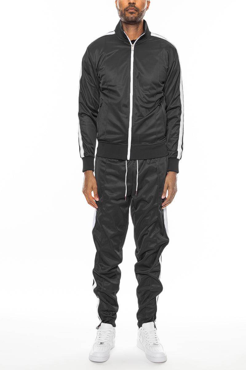 Men's 2PC Track Sets by WEIV featuring a tape front pleat tracksuit in black with sporty stripes