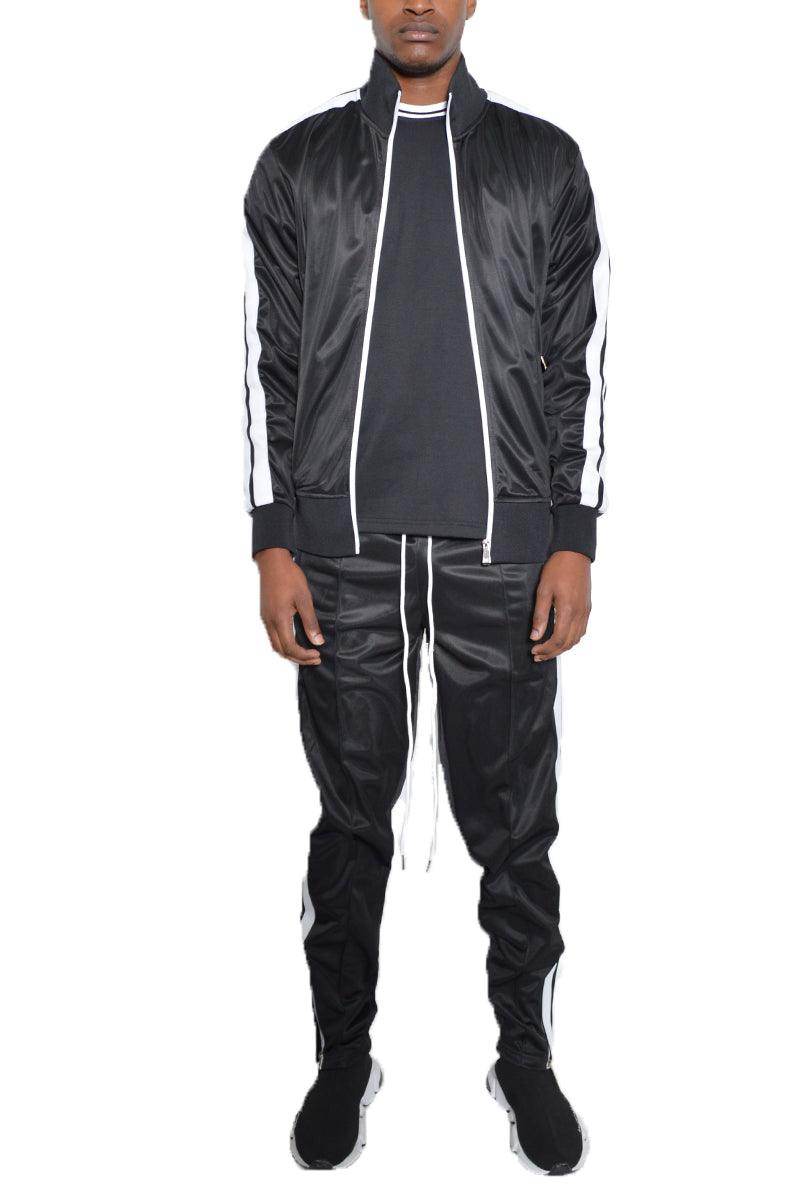 Men's 2PC Track Set by WEIV featuring tape front pleat tracksuit in black with stylish white stripes