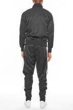 Men's 2PC Track Set by WEIV featuring a tape front pleat tracksuit in black with stylish stripes