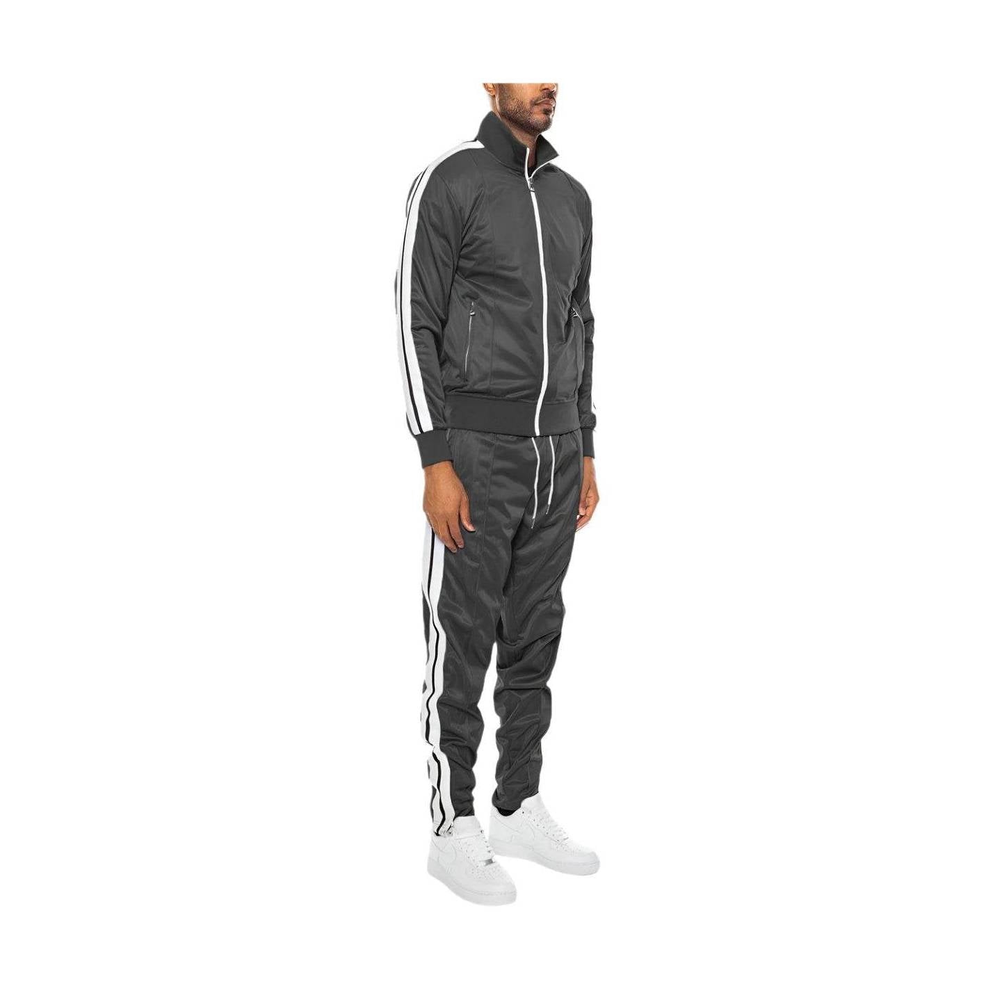 Men's 2PC Track Sets in Black with tape front pleat tracksuit design and sporty side stripes