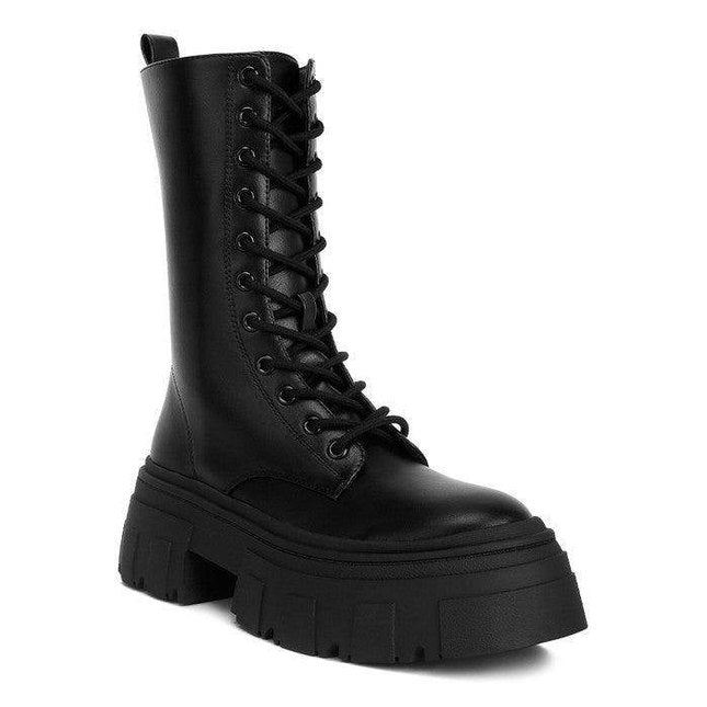 Rag Company Tatum combat boots in black with chunky soles and lace-up design for stylish comfort