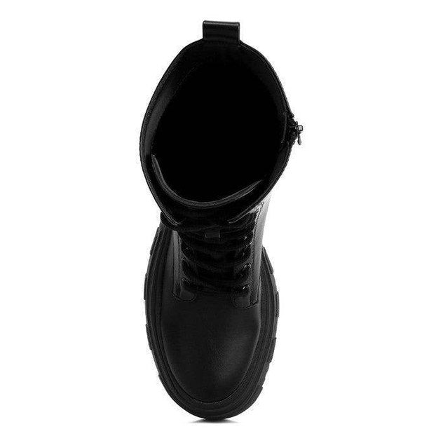 Top view of Rag Company Tatum combat boots in black with lace-up design and side zipper