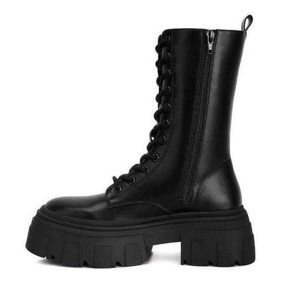 Rag Company Tatum combat boots in black with chunky sole and lace-up design for stylish versatility