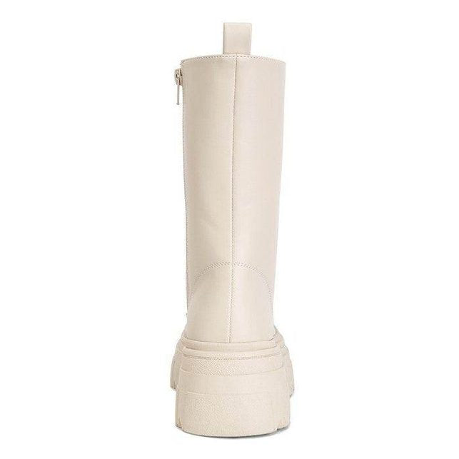 Back view of Rag Company's Tatum combat boots in cream with a chunky platform and zipper closure