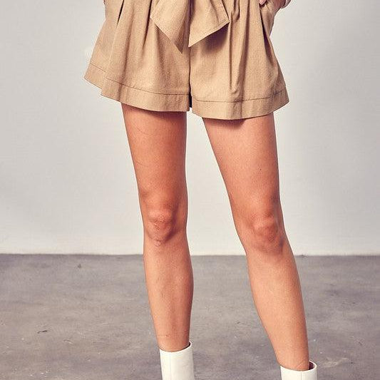 Women's Shorts Taupe Front Self Tie Shorts