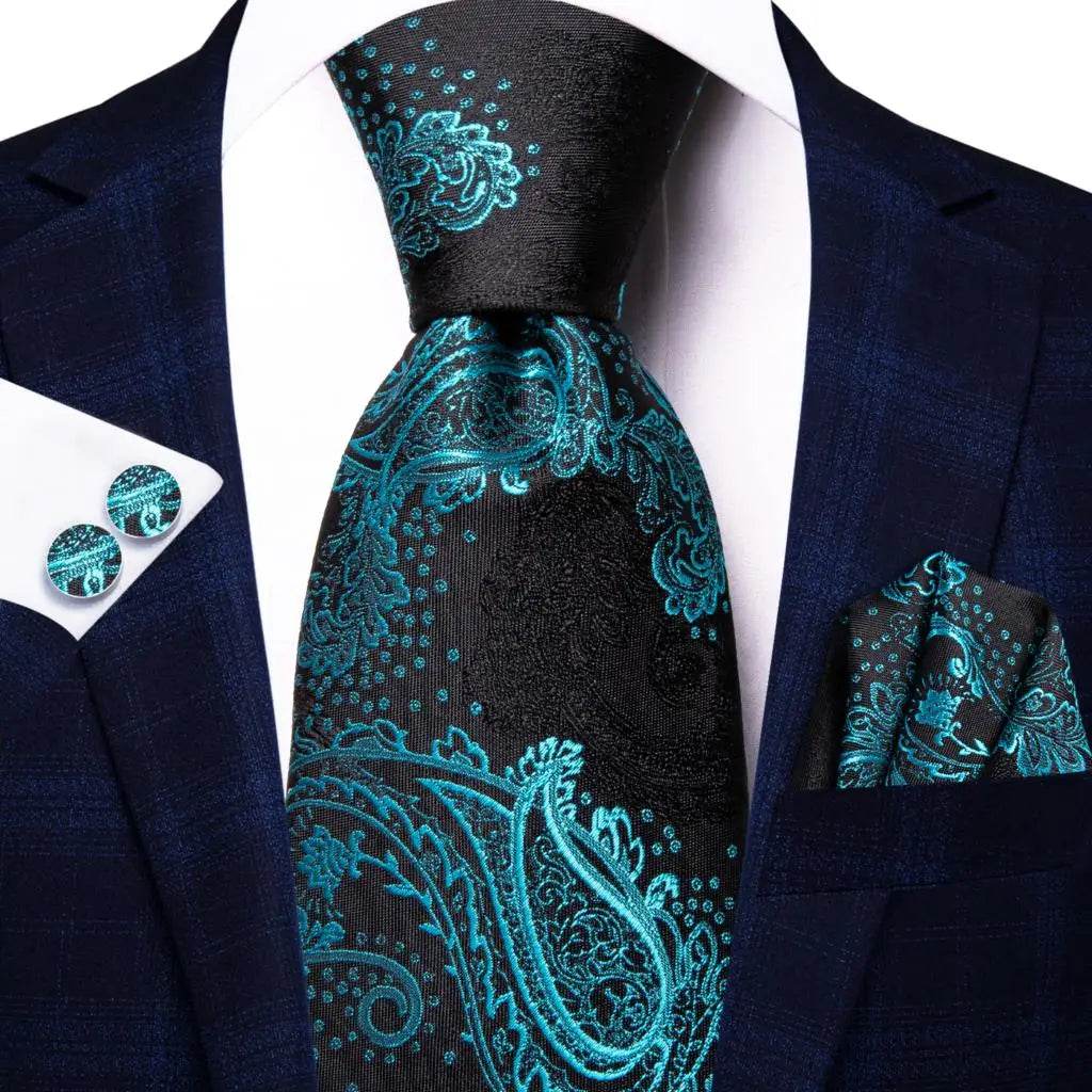 Men's teal green striped silk tie set for formal occasions